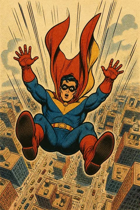 A masked superhero falling toward the city below